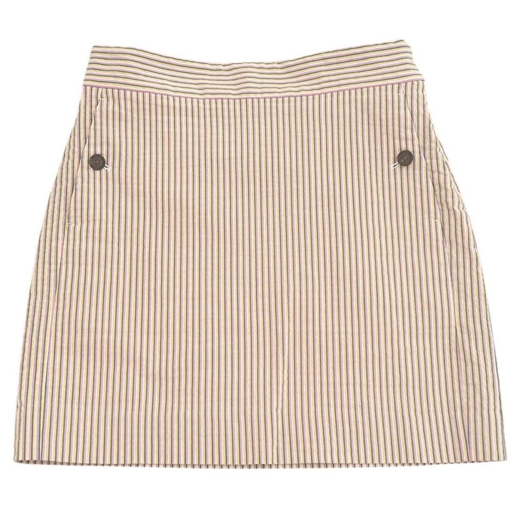 J. Crew pink/green/yellow Striped seersucker cotton blend Mini Skirt pockets 6